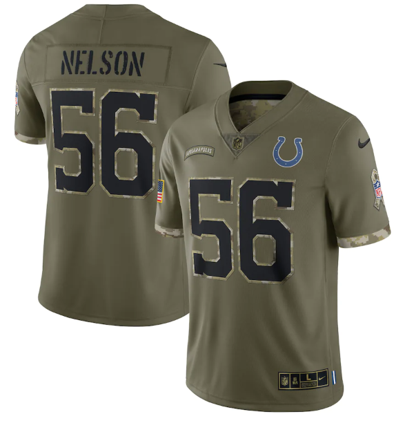 Men's Indianapolis Colts #56 Quenton Nelson Olive 2022 Salute To Service Limited Stitched Jersey